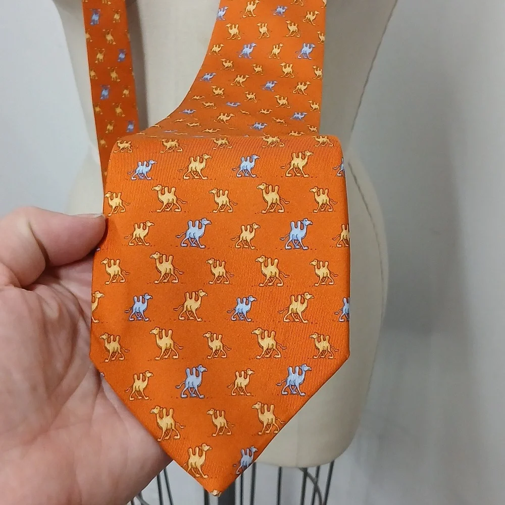 Salvatore Ferragamo Orange Silk Tie with Blue and Yellow Camels
